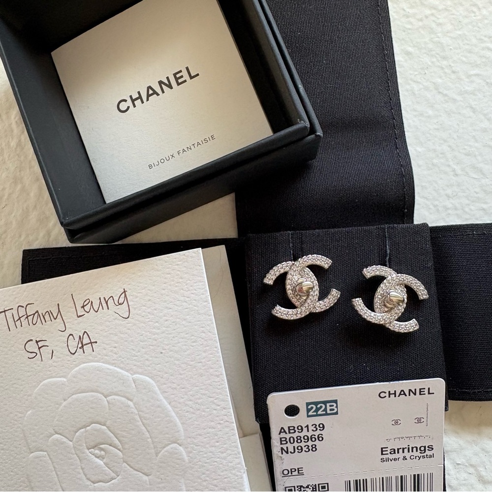 CHANEL 22B Silver Crystal Turnlock Stud Earrings